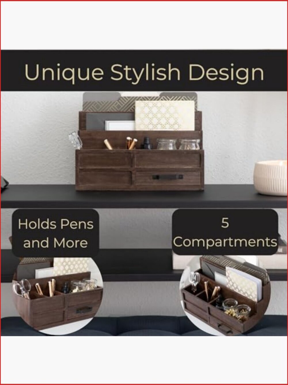 Wooden Mail Organizer with Drawer and Pen Holder Desktop Storage - Picture 6 of 6